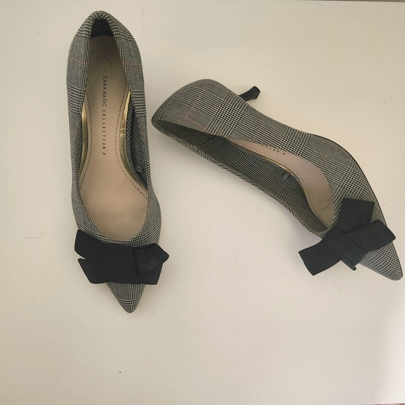 Zara Women’s Black Gray Plaid Bow Mini Heels EU 36 Pumps Office Career Shoes - Picture 6 of 16